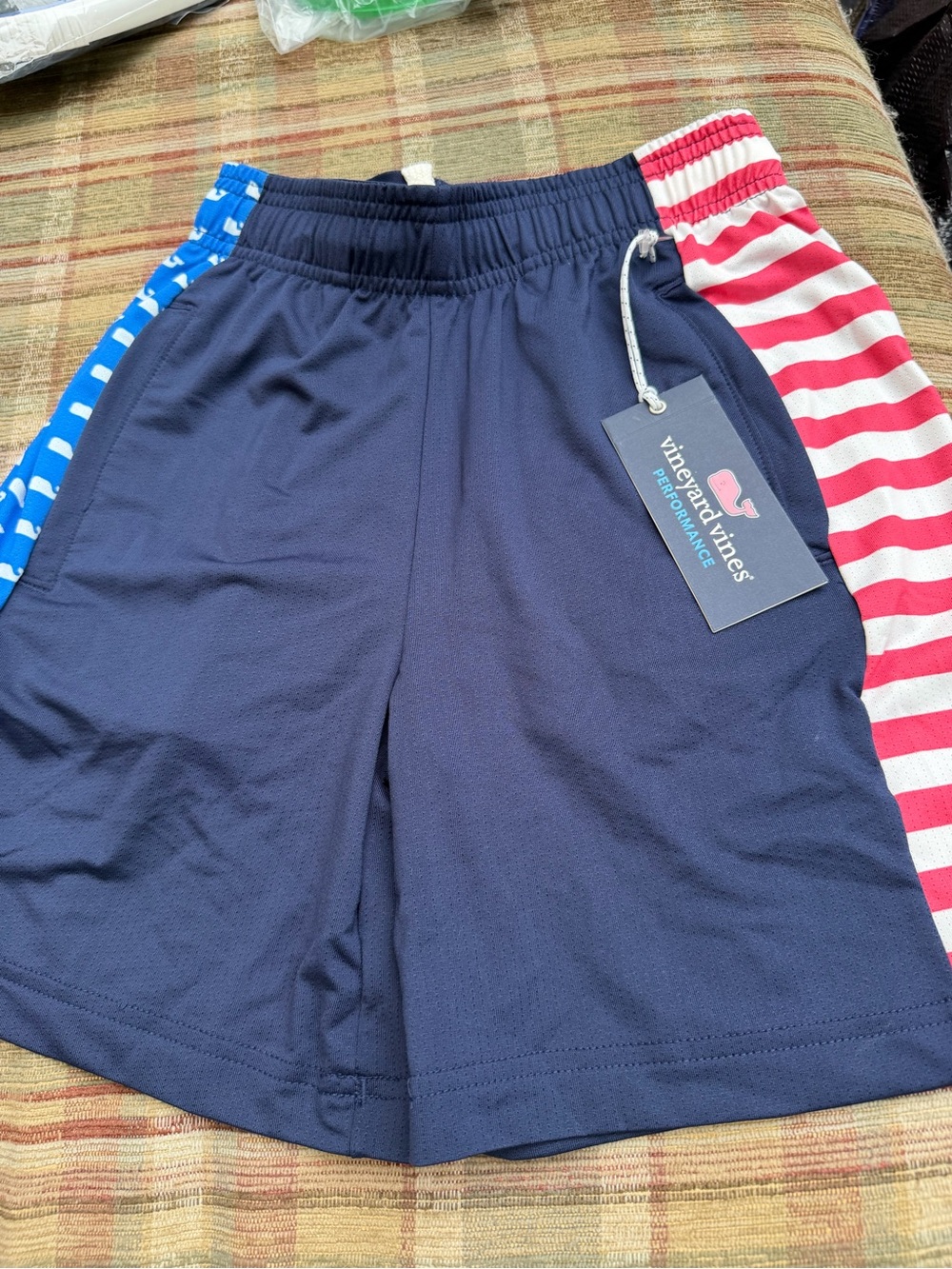 Vineyard Vines Navy Shorts with Red & Blue Striped Side Panels
